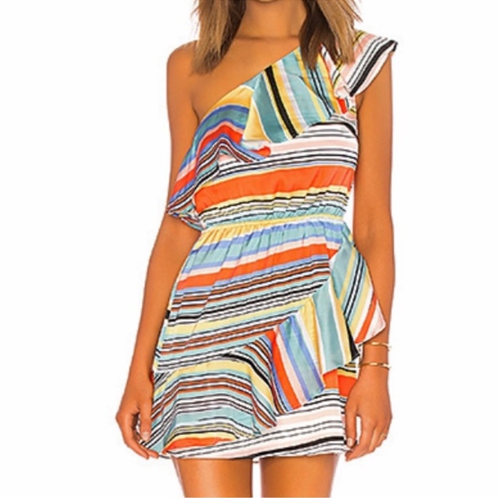 Lovers and Friends Pippa in Aruba One Shoulder Stripe Ruffle Mini Dress Large